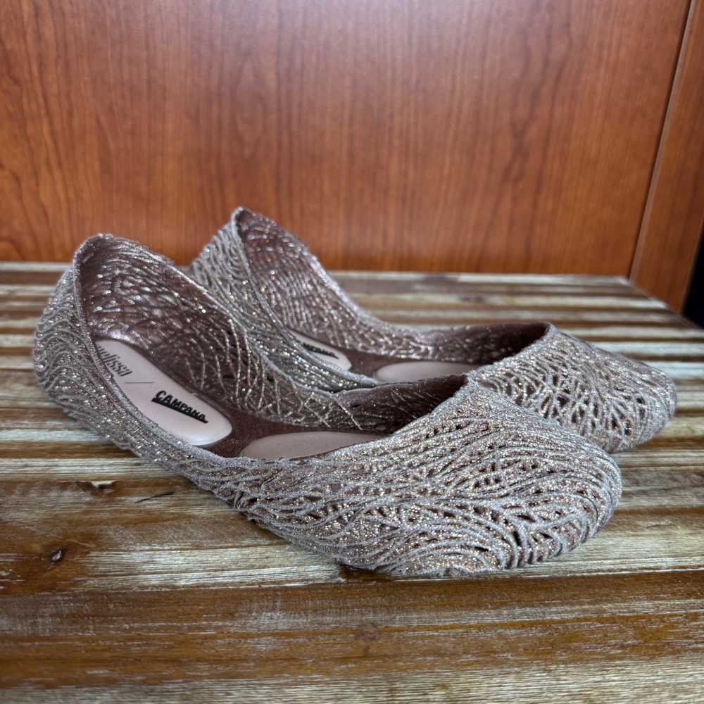 Melissa Campana Papel Rose Gold Glitter Jelly Ballet Flats Womens Size 7 EUR 38